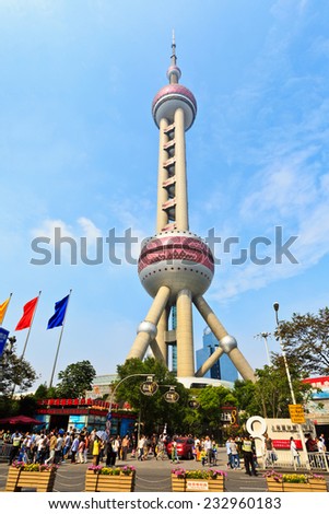 Shanghai - October 2: the Oriental pearl TV tower building scenery , on October 2, 2014 in Shanghai, China.the Oriental pearl TV tower is Shanghai famous tourist attractions.