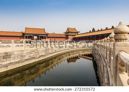 Beijing, China - March 27, 2015:Forbidden City architecture scene. The Forbidden City was built in 1406-1420, served as imperial palace. UNESCO World Heritage.