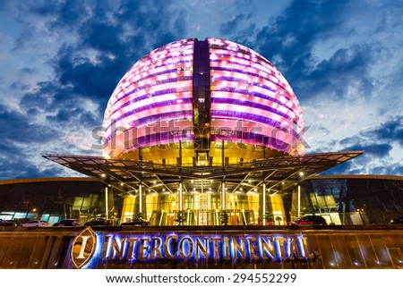Hangzhou, China - on April 30, 2015: hangzhou international conference center building scenery  at Night ? it is integrated with conference, hotel service function, the famous landmarks in hangzhou.