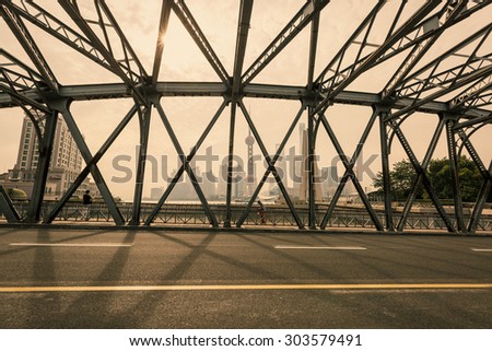 Shanghai, China - July 29, 2015: Shanghai white cross bridge scenery, white cross bridge is China\'s first all steel structure bridge.
