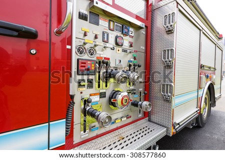 Hangzhou, China - on May 25, 2015: China\'s fire engines equipment close shot high performance Fire engines is the guarantee of urban fire rescue
