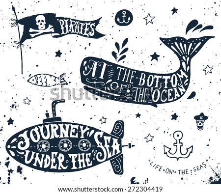 Set hand drawn of nautical elements. Pirate flag, whale, submarine.