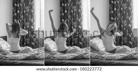 Joy cheerful happy woman waking up with a smile in bed and stretching her arms up. three black and white photos