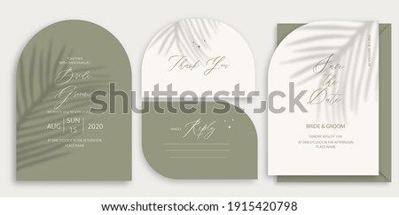 Modern wedding invitation, burnt green wedding invitation template, arch shape with palm leaf shadow and handmade calligraphy.