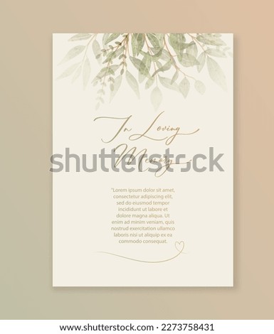 In loving Memory card with green watercolor botanical leaves. Abstract floral art background vector design