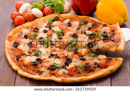 Delicious italian pizzas lifted slice 1 Isolated on white background