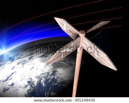 wind rose on a wooden pointer in space ( Elements of this image furnished by NASA)