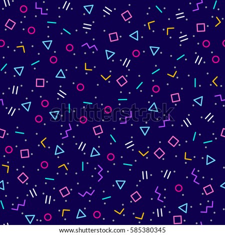 Abstract geometric background with different geometric shapes - triangles, circles, dots, lines. Memphis style. Bright and colorful, 90s style. Vector seamless pattern. Neon colors