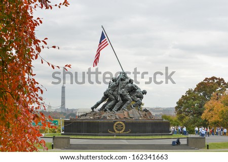 WASHINGTON, DC - NOV 06: Iwo Jima Memorial in Washington, DC on November 06, 2013. The Memorial honors the Marines who have died defending the US since 1775.and a prominent tourist attraction point