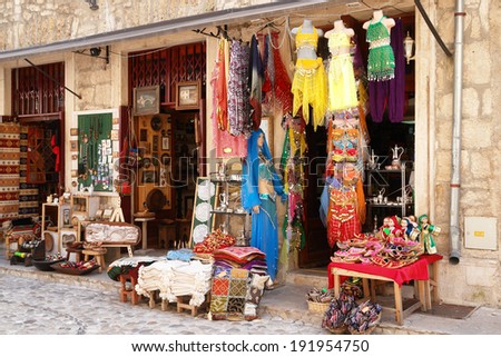 BOSNIA AND HERZEGOVINA, MOSTAR - MAY 14, 2009: Gift shop in Mostar, Bosnia and Herzegovina. Mostar is the fifth-largest city in the country and prominent tourist attraction point.