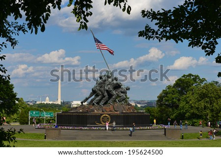 WASHINGTON, DC - MAY 25, 2014: Iwo Jima Memorial in Washington, DC. The Memorial honors the Marines who have died defending the US since 1775 and a prominent tourist attraction in Washington DC.