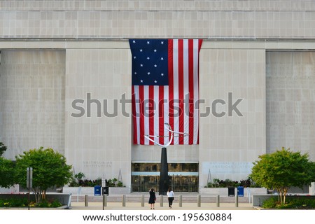 Washington D.C. -  National Museum of American History main entrance with huge U.S. Flag