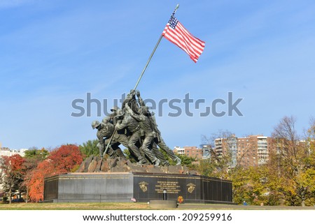 WASHINGTON, DC - NOVEMBER 12, 2013: Iwo Jima Memorial in Washington, DC. The Memorial honors the Marines who have died defending the US since 1775 and a prominent tourist attraction in Washington DC.