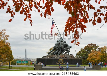 WASHINGTON, DC - NOVEMBER 06, 2013: Iwo Jima Memorial in Washington, DC. The Memorial honors the Marines who have died defending the US since 1775 and a prominent tourist attraction in Washington DC.