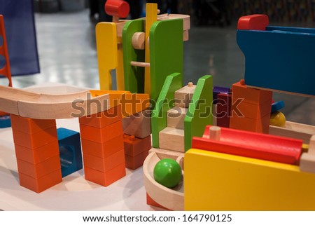 MILAN, ITALY - NOVEMBER 22: Wooden toys at G! come giocare, trade fair dedicated to games, toys and children on NOVEMBER 22, 2013 in Milan.