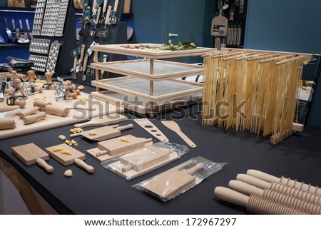 MILAN, ITALY - JANUARY 20: Tools for fresh pasta on display at HOMI, home international show and point of reference for all those in the sector of interior design on JANUARY 20, 2014 in Milan.