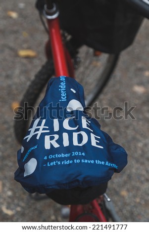 MILAN, ITALY - OCTOBER 4: Detail of bicycle saddle at Ice Ride, global bike event organized by Greenpeace to demand protection for the Arctic on OCTOBER 4, 2014 in Milan.