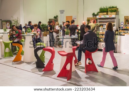 MILAN, ITALY - OCTOBER 10: Bar with people at Yoga Festival, event dedicated to yoga, meditation and healthy lifestyle on OCTOBER 10, 2014 in Milan.
