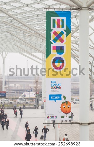 MILAN, ITALY - FEBRUARY 13: Expo banner at Bit, international tourism exchange reference point for the travel industry on FEBRUARY 13, 2015 in Milan.