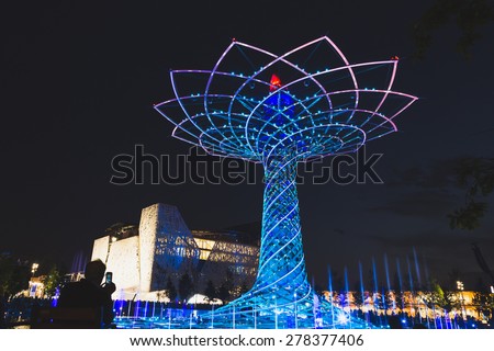 MILAN, ITALY - MAY 13: Tree of Life in the evening at Expo, universal exposition on the theme of food on MAY 13, 2015 in Milan.