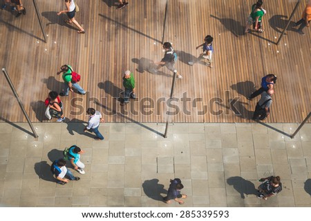 MILAN, ITALY - JUNE 5: Top view of people outside USA pavilion at Expo, universal exposition on the theme of food on JUNE 5, 2015 in Milan.