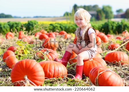 Happy little child, laughing cute toddler girl in casual outfit and red rubber boots, enjoying nature playing outdoors helping to harvest bio pumpkins growing in organic field on sunny autumn day