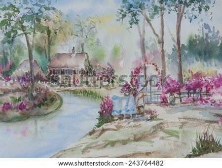 Beautiful house with flower garden watercolor painting