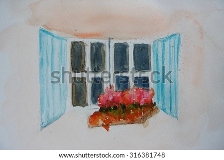 Window with flower, watercolor painting
