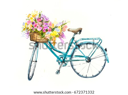 Retro blue bicycle with flowers in basket on white isolation, watercolor hand draw on paper 