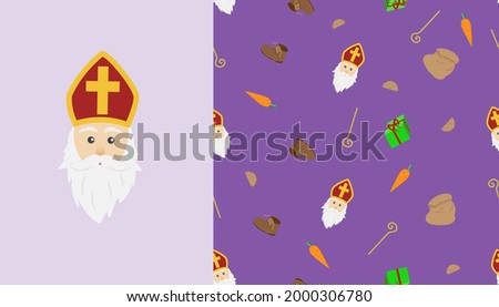 Dutch holiday Sinterklaas purple background. Seamless vector illustration pattern for Saint Nicholas day wrapping paper concept
