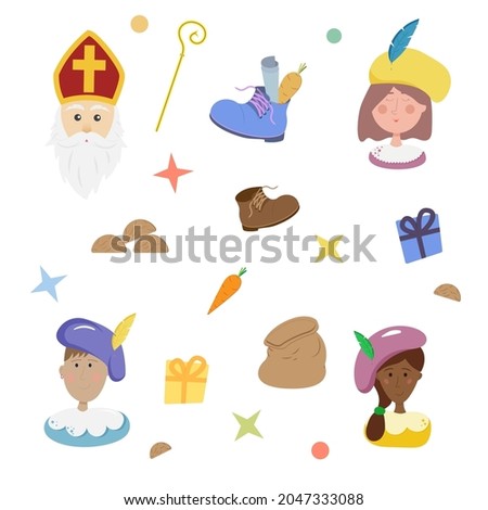 Set of Dutch holiday Sinterklaas characters and items. Vector illustration for Saint Nicholas day