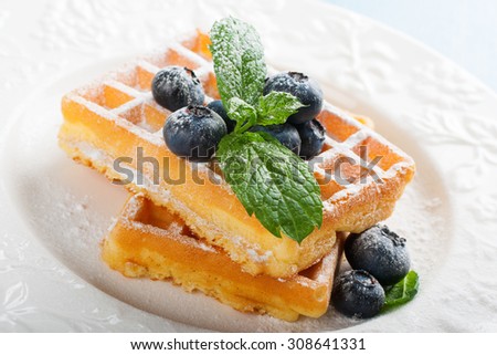 Close up of belgian waffles with fresh berries, powdered sugar and sprig of mint on white plate. Selective focus.