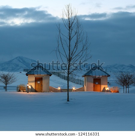 Two small buildings with a tree in the middle of them all in the snow.