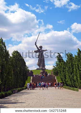 RUSSIA - JULY 02: \'The Motherland calls!\' monument on July 02, 2012, Volgograd, Russia. TThe memorial was constructed in 1967, and is crowned by a huge allegorical statue of the Motherland