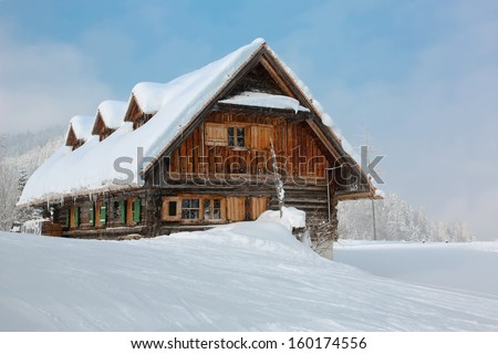 old, wooden, snowy ski lodge in the Alps