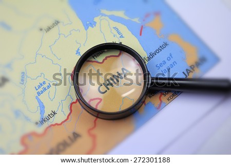 China map close up with magnifier