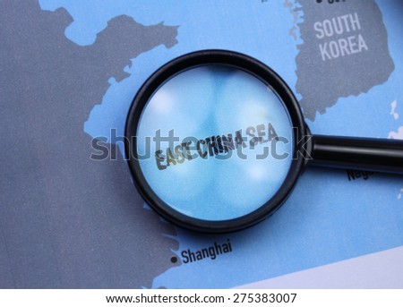 East China Sea map close up with magnifier