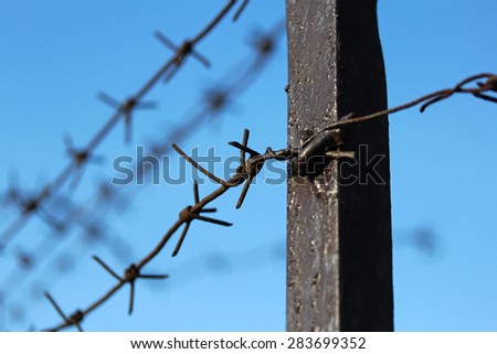 Barbed wire fence close up