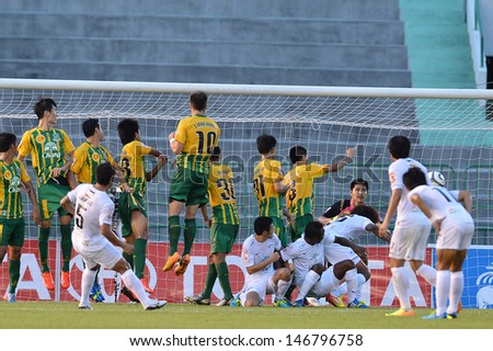 BANGKOK,THAILAND- JULY 20: Chakrit Buathong of Chomburi FC shoot free kicks during Thai Premier League 2013 between Army Utd. and Chonburi FC at Army stadium on July 20, 2013; Bangkok,Thailand
