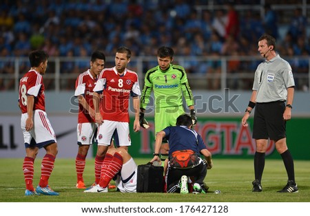 CHONBURI-FEB 9,2014: Player of South China injury during football AFC Champions League 2014 between Chonburi FC and South China at Chonburi Stadium on February 9,2014 in Thailand
