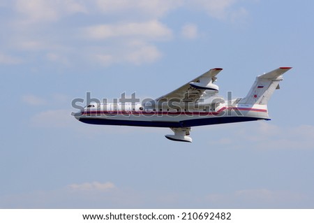 KONAKOVO, RUSSIA - JULY 31: Russian amphibious aircraft (flying boat) BE-200, designed for the Russian Emergencies Ministry