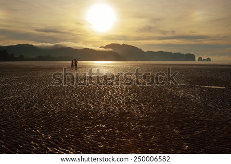 Two human figures in backlit on the beach after the tide