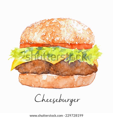Hand Drawn Hamburger, watercolor Sketch, Vector Illustration For Food Design.