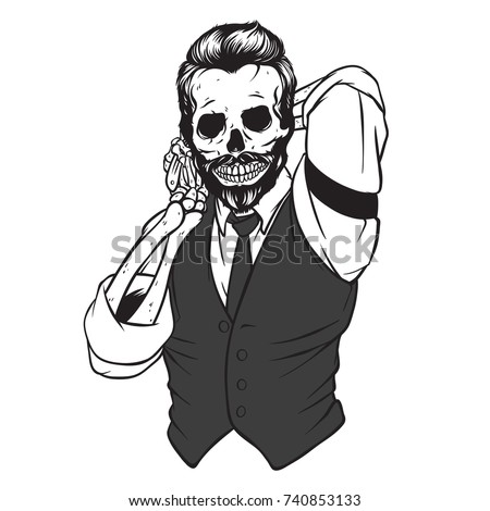 Dapper Skull Combing His Hair, Barber, Illustration for Logo, Vector Illustration