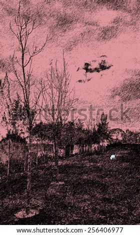 Nature - Park drawn in magenta and black with white dog - Background