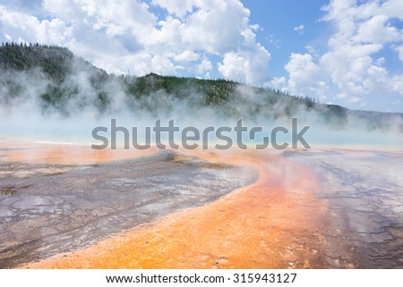 Colourful bacteria at the Grand Prismatic Spring in yellowstone national park, USA. Thermal pool of steaming water geyser on beautiful Summer's day