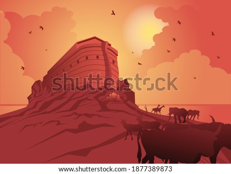 An illustration of Noah’s Ark and the ark after the great flood. Bible series Photo stock © 