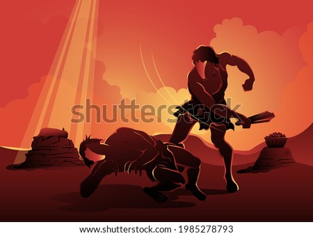 An illustration of Cain and Abel, Cain murdered Abel. God blessed Abel sacrifice instead of Cain. Biblical Series