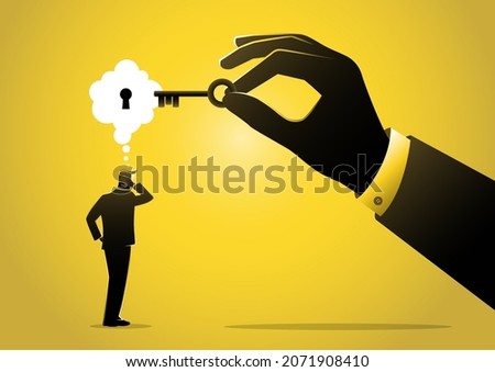 Businessman holding a key unlocking another man mind, thought bubble with keyhole, find out what other people think