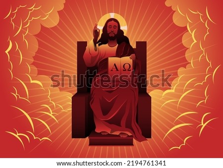 An illustration of God or jesus seated on throne with one hand hold open book. Biblical Series